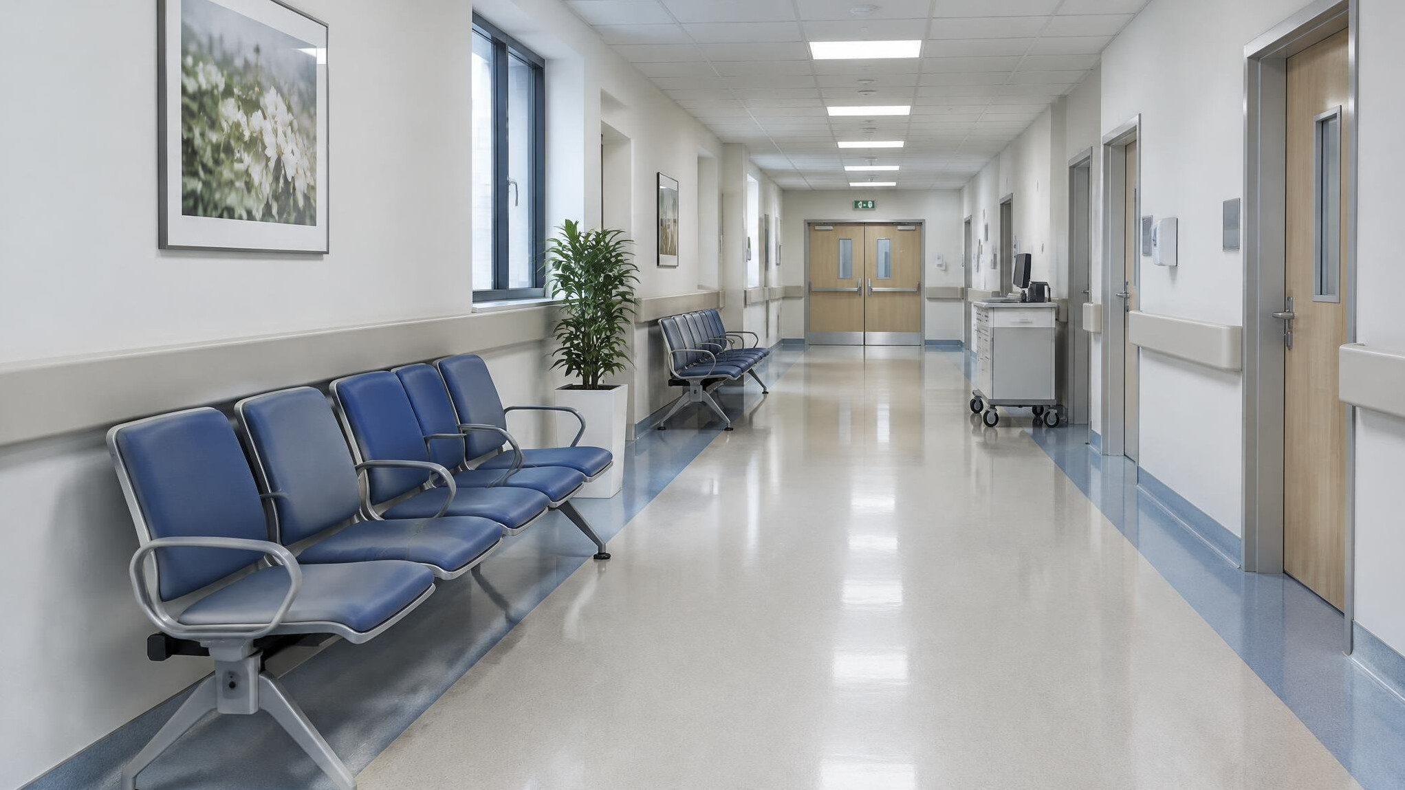 Empty hospital corridor with waiting chairs