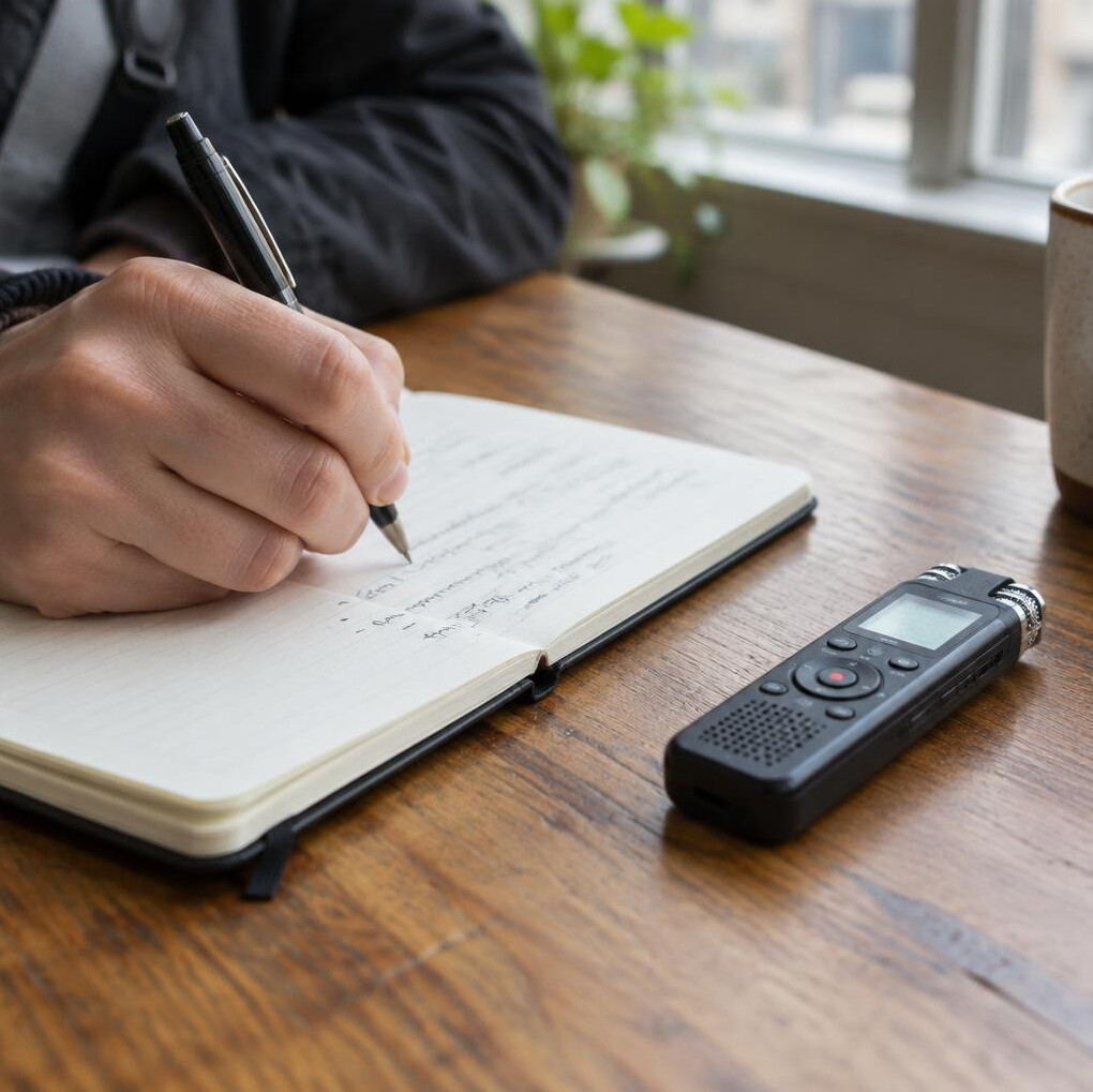 Hand writing notes next to a voice recorder