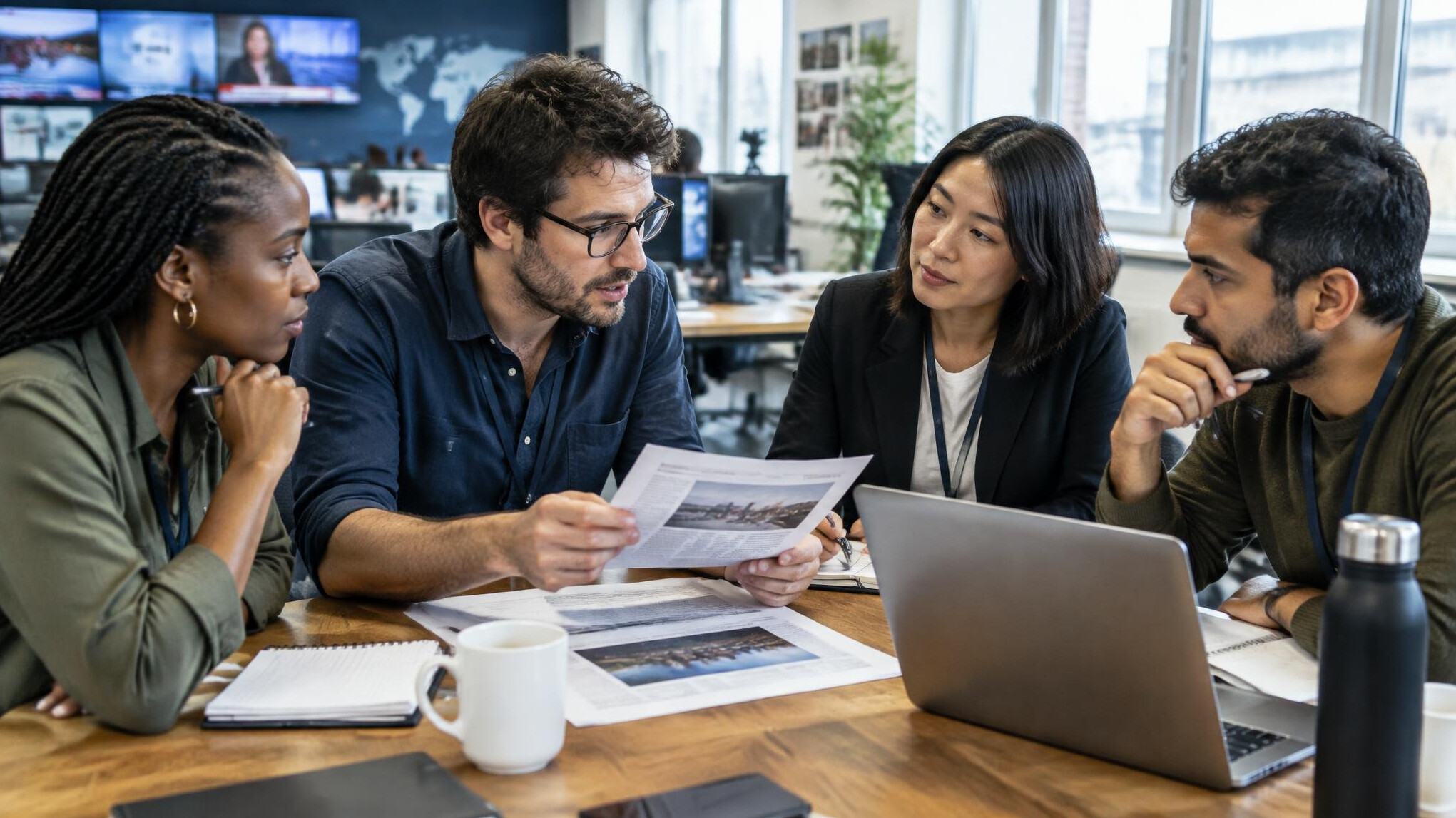 Editorial team meeting around a table with documents
