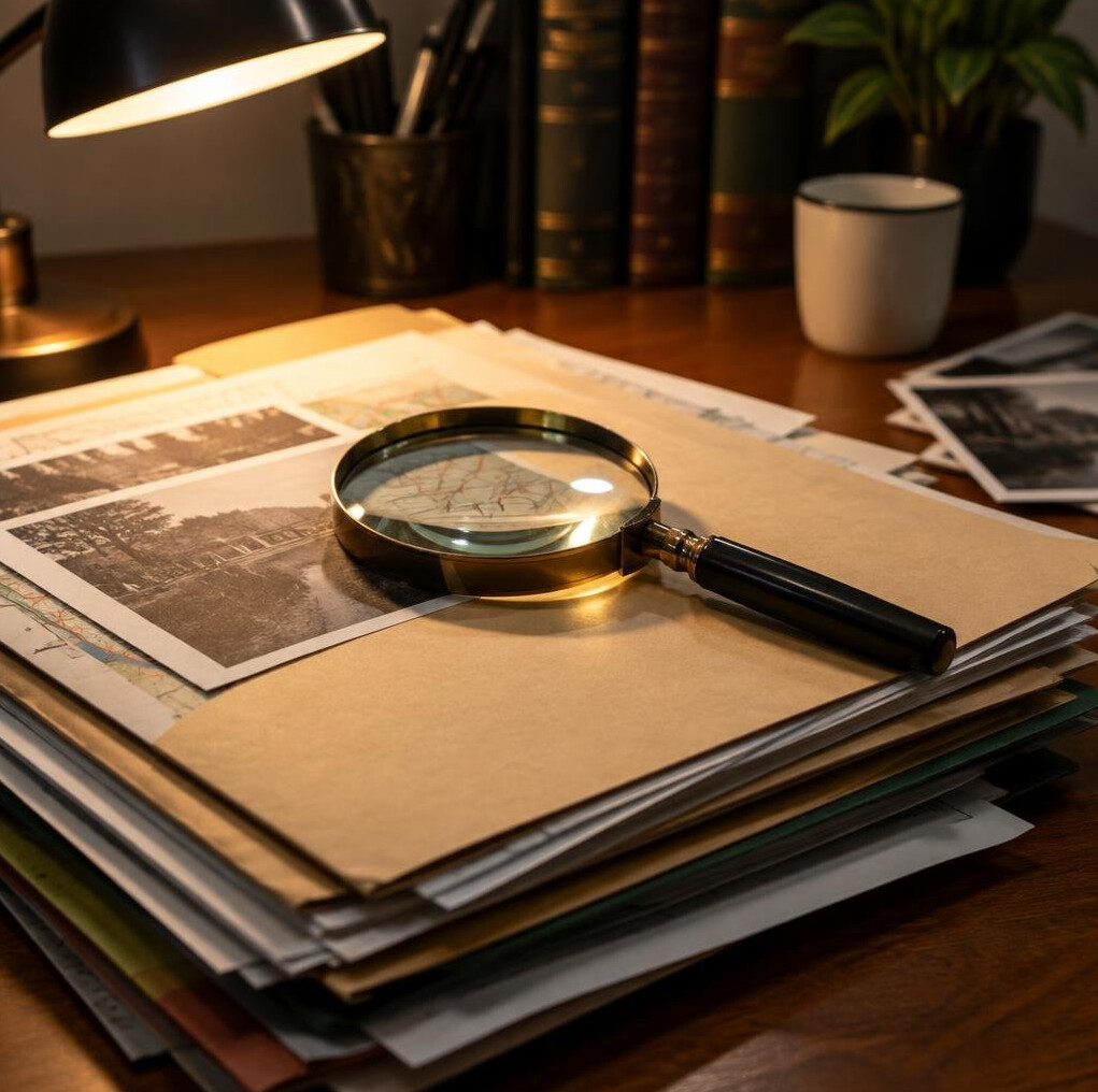 Stack of documents with a magnifying glass