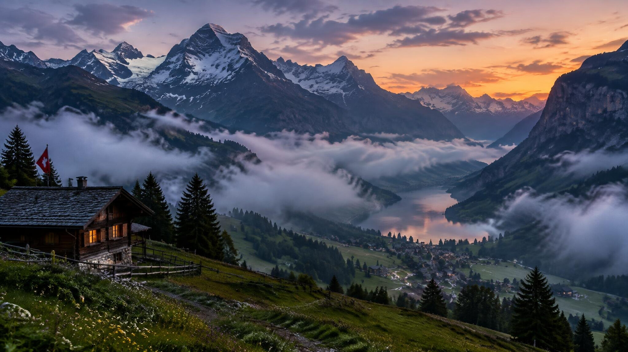 swiss alps at dusk