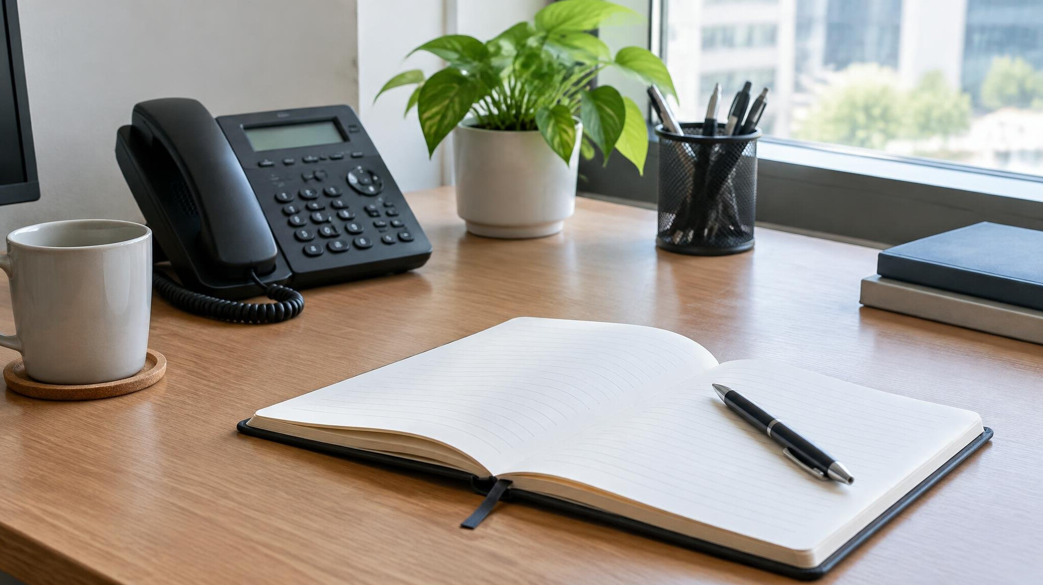 Office desk with a telephone and notebook