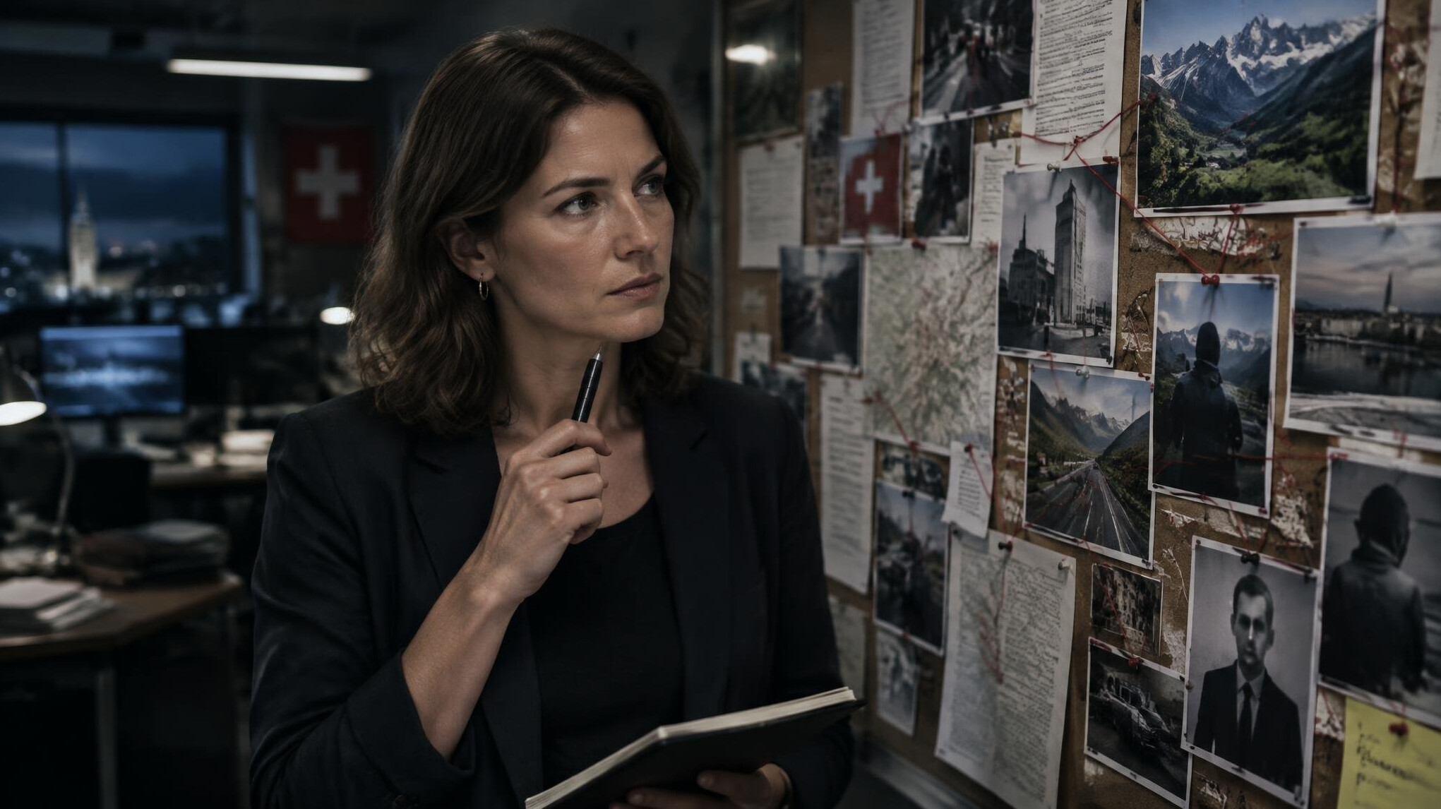 Investigative journalist analyzing documents and photos pinned on a board